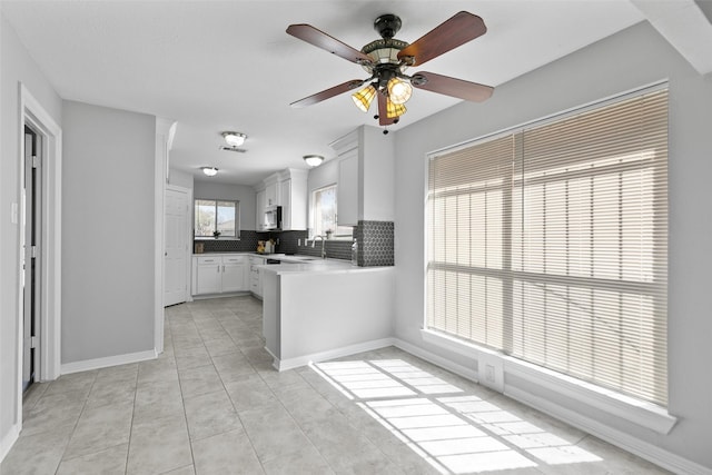 kitchen featuring a sink, stainless steel microwave, tasteful backsplash, a peninsula, and white cabinets