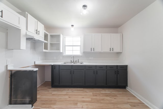 kitchen featuring white cabinets, light wood-style flooring, under cabinet range hood, and a sink