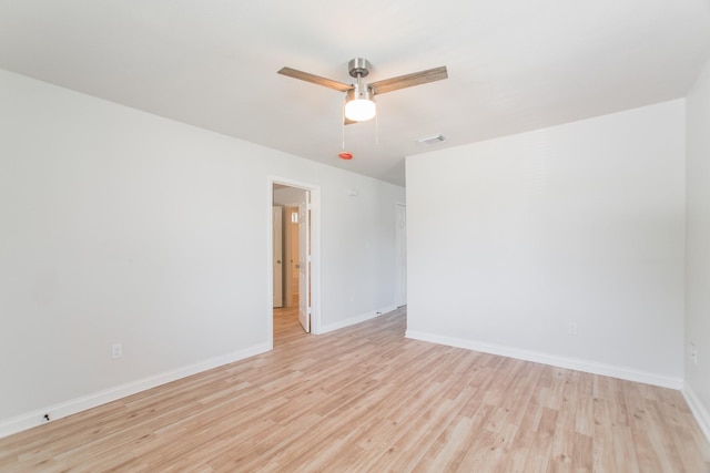 unfurnished room featuring visible vents, ceiling fan, light wood-type flooring, and baseboards