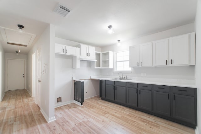 kitchen with visible vents, a sink, white cabinetry, light wood-style floors, and baseboards