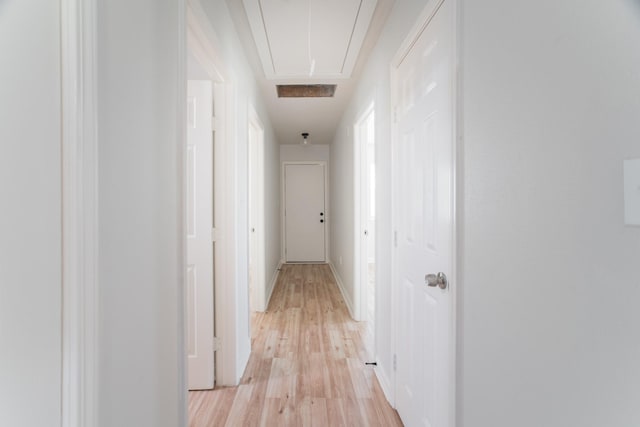 hallway with attic access and light wood-style floors