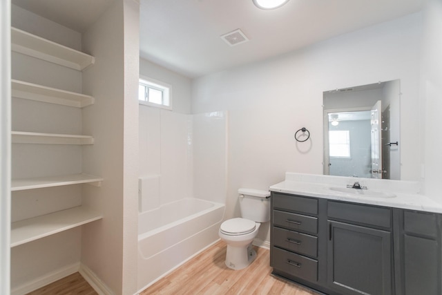 full bathroom with vanity, toilet, wood finished floors, and visible vents