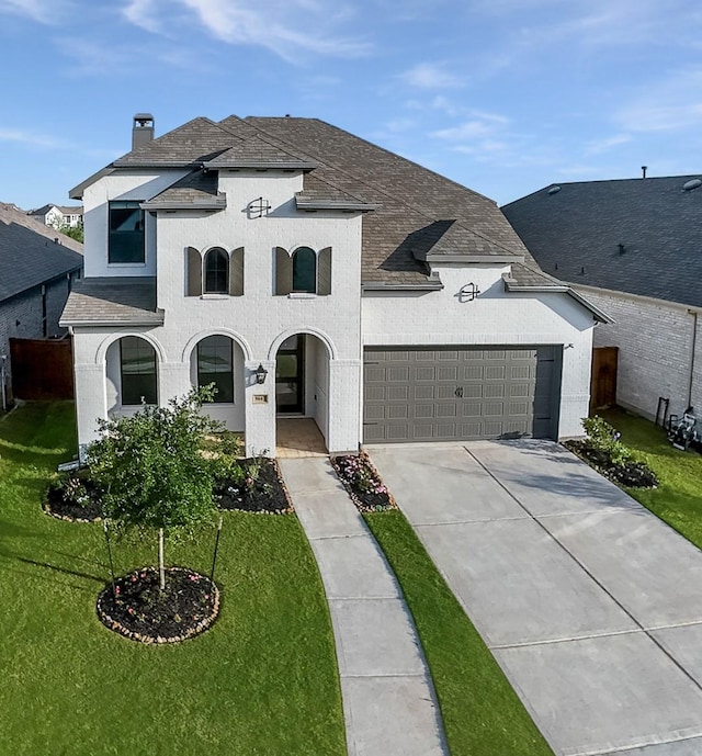 9647 Wright Dr, Manvel, TX 77578 - french provincial home featuring driveway, a front yard, an attached garage, and a shingled roof