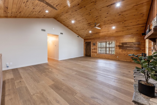 unfurnished living room featuring visible vents, wood ceiling, light wood-style flooring, high vaulted ceiling, and a ceiling fan