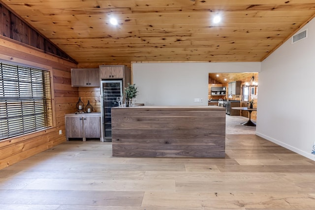 kitchen with visible vents, wood ceiling, light wood-style floors, and vaulted ceiling