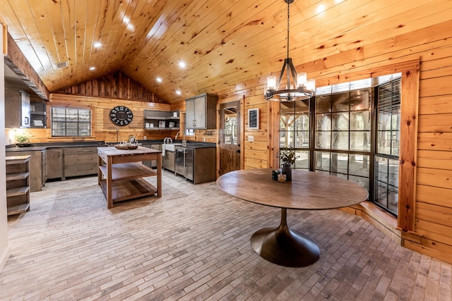 dining area featuring an inviting chandelier, wood walls, brick floor, wood ceiling, and vaulted ceiling