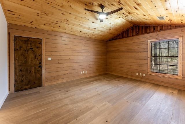 additional living space featuring light wood finished floors, a sauna, ceiling fan, vaulted ceiling, and wooden ceiling