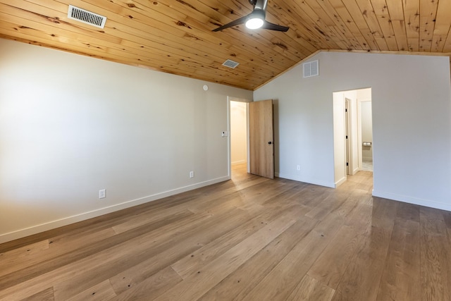 empty room with visible vents, wood finished floors, wooden ceiling, and vaulted ceiling