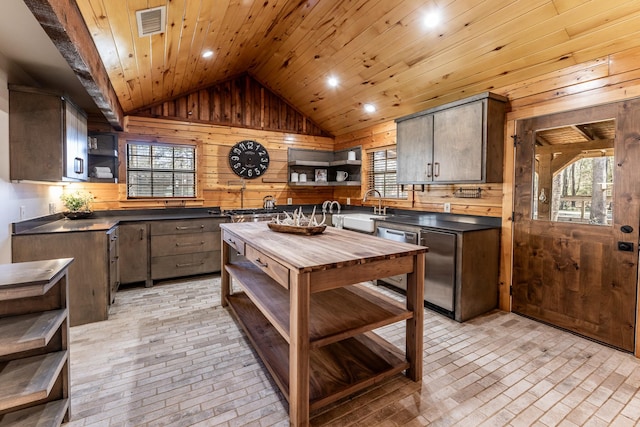 kitchen featuring vaulted ceiling, wooden walls, wood ceiling, and open shelves