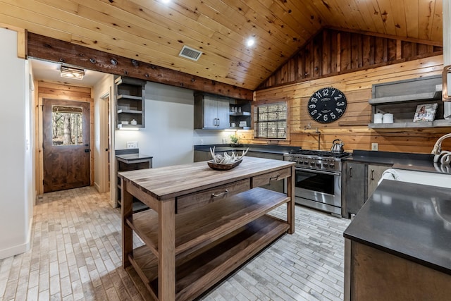 kitchen with open shelves, dark countertops, wood walls, and stainless steel range