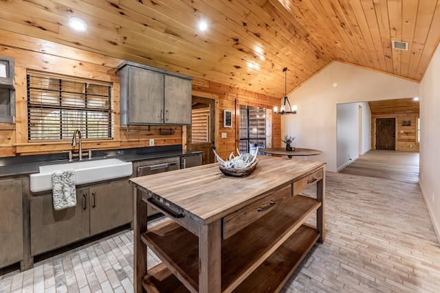 kitchen with wooden walls, wooden ceiling, visible vents, and a sink