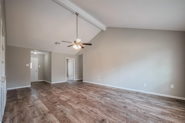 unfurnished living room with visible vents, ceiling fan, baseboards, beam ceiling, and wood finished floors