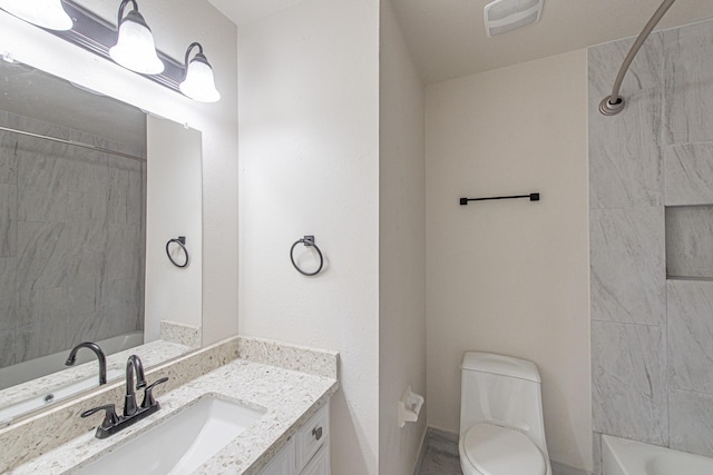 full bathroom featuring vanity, toilet, visible vents, and shower / bathtub combination