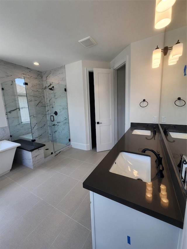 407 Forest Reserve Pl, Houston, TX 77079 - bathroom featuring double vanity, a marble finish shower, tile patterned floors, and baseboards