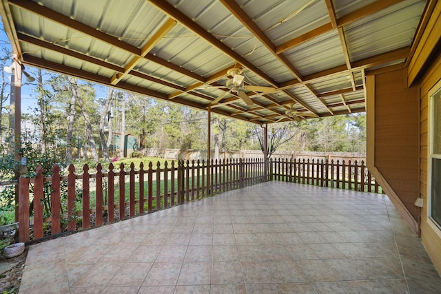 view of patio featuring a fenced backyard and a ceiling fan