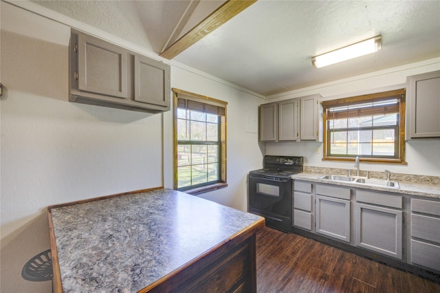 kitchen featuring gray cabinetry, black range with electric cooktop, dark wood-type flooring, and a sink