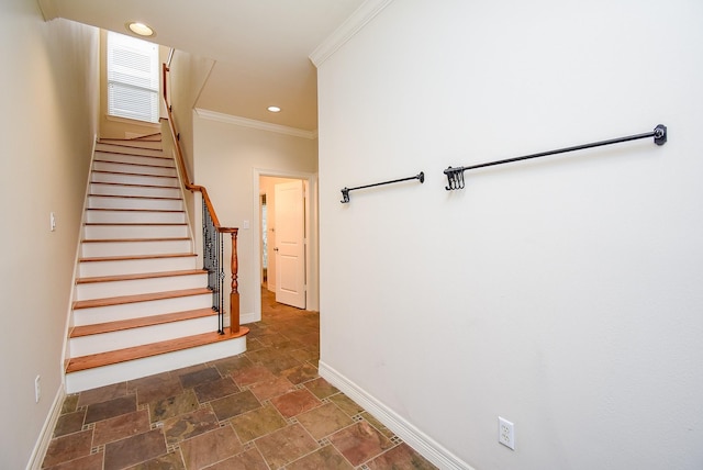 staircase with recessed lighting, baseboards, stone tile floors, and ornamental molding