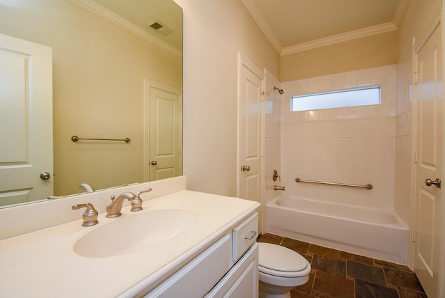 full bathroom featuring vanity, visible vents, shower / bathing tub combination, crown molding, and toilet