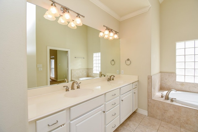 bathroom with a sink, a bath, ornamental molding, and tile patterned flooring