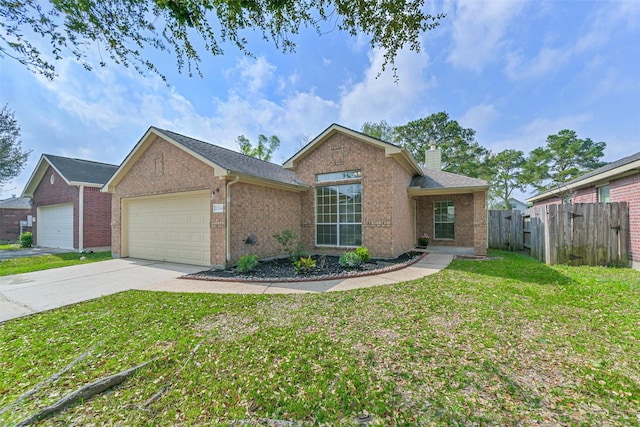 single story home featuring brick siding, a front lawn, fence, concrete driveway, and an attached garage