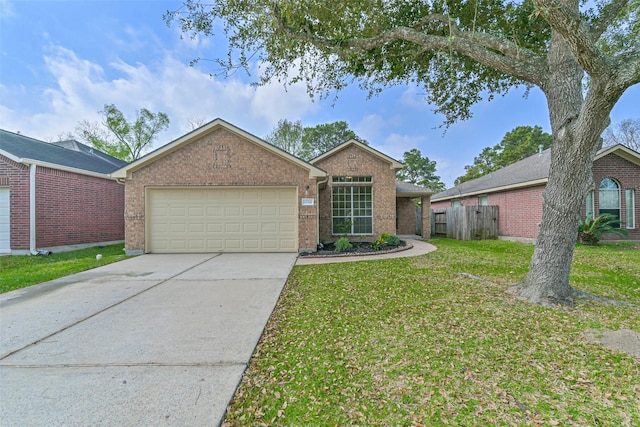 single story home with driveway, a front lawn, fence, an attached garage, and brick siding