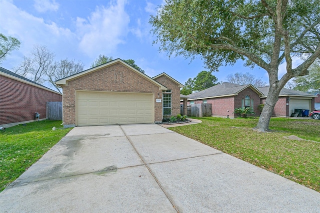 ranch-style home with brick siding, fence, concrete driveway, a front yard, and a garage