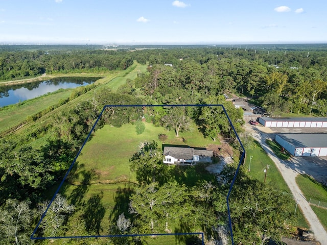 bird's eye view featuring a view of trees and a water view