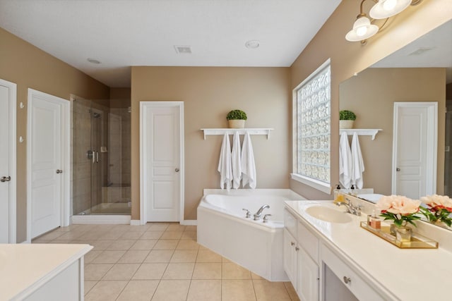 full bath with vanity, visible vents, tile patterned flooring, a shower stall, and a bath