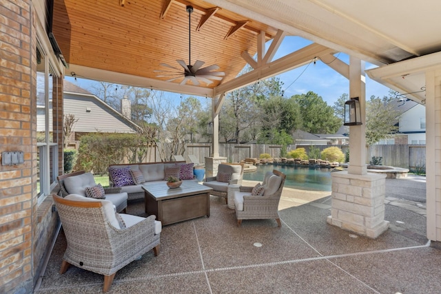 view of patio with an outdoor living space, a fenced in pool, a fenced backyard, and ceiling fan