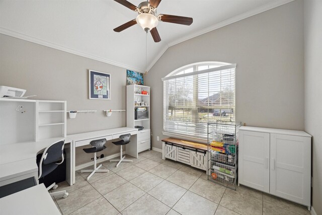 home office featuring light tile patterned floors, ornamental molding, ceiling fan, and vaulted ceiling