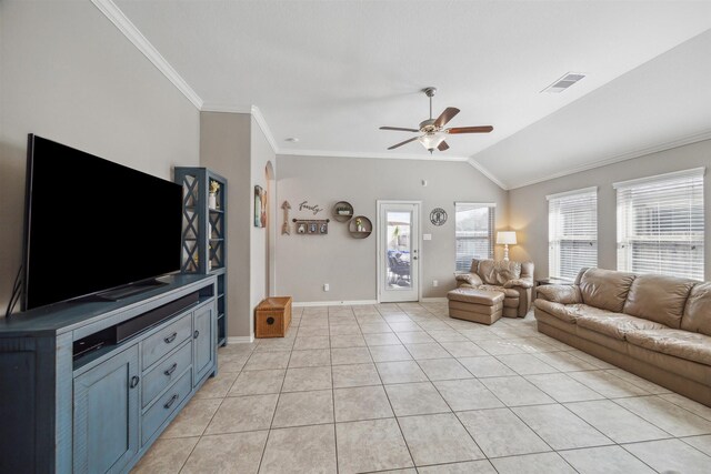 unfurnished living room with visible vents, light tile patterned flooring, crown molding, ceiling fan, and vaulted ceiling