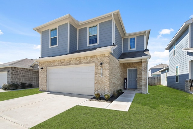 view of front of home with brick siding, fence, concrete driveway, a front yard, and a garage