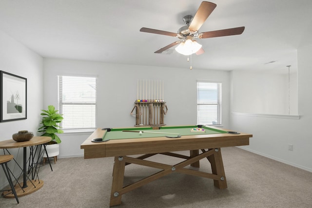 recreation room with baseboards, billiards, a ceiling fan, and carpet flooring