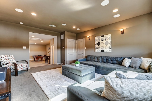 carpeted living area with recessed lighting, visible vents, baseboards, and billiards