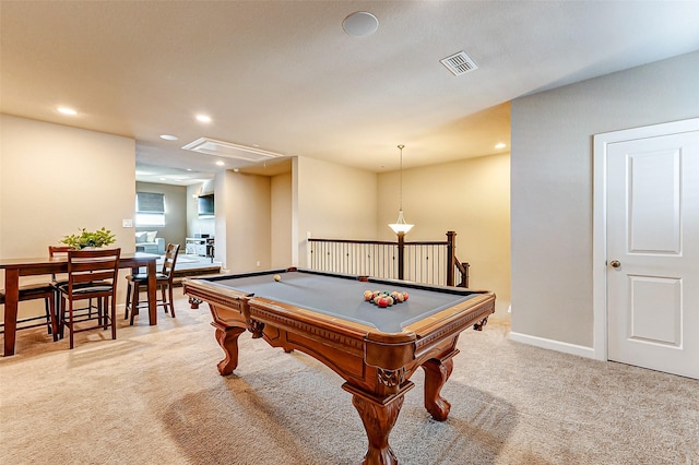 recreation room with visible vents, pool table, attic access, carpet floors, and recessed lighting