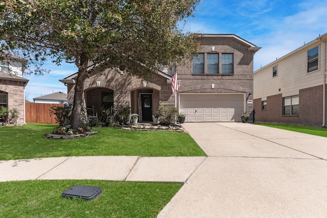 view of front of property featuring brick siding, a front lawn, fence, concrete driveway, and an attached garage