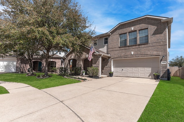 view of front of home with a garage, driveway, brick siding, and a front yard