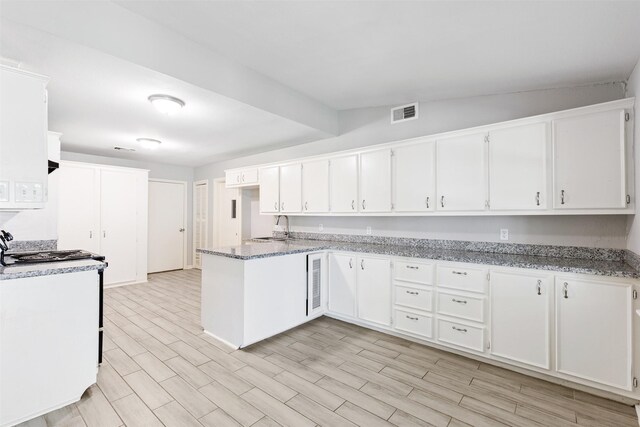 kitchen with wood finish floors, a sink, white cabinetry, a peninsula, and light stone countertops