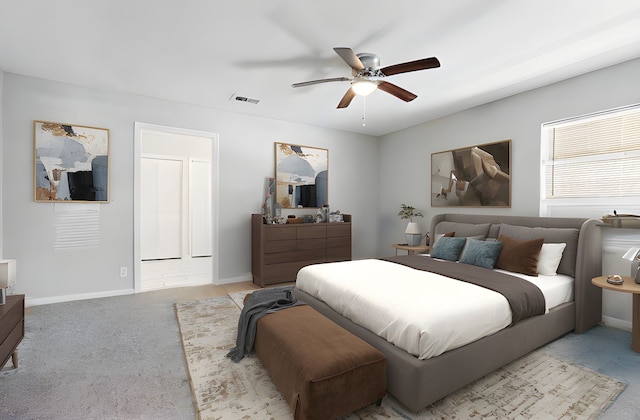 bedroom with baseboards, visible vents, carpet floors, and ceiling fan