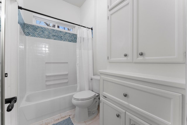 bathroom featuring tile patterned floors, toilet, and shower / tub combo with curtain