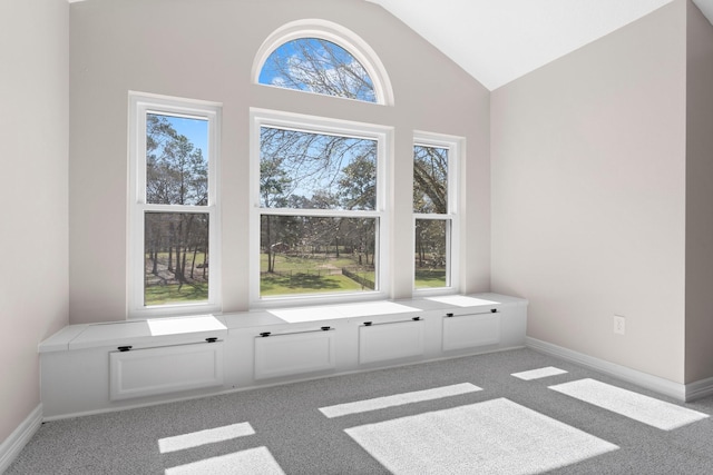 carpeted empty room featuring baseboards, high vaulted ceiling, and a healthy amount of sunlight