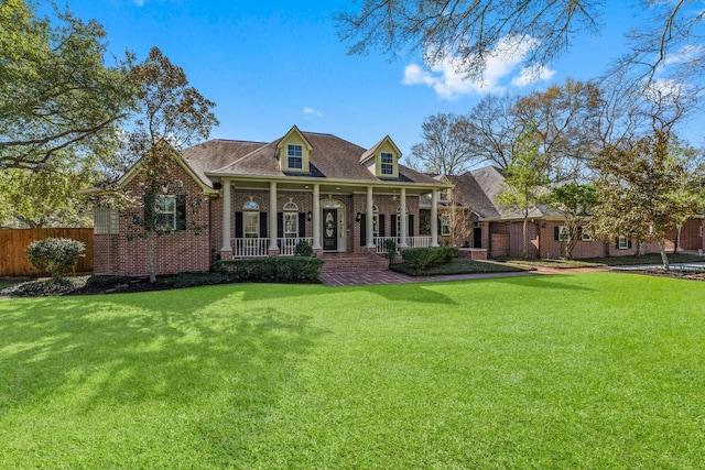 exterior space with brick siding, covered porch, a front yard, and fence