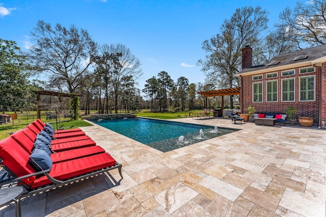 outdoor pool featuring a patio area, an outdoor hangout area, and a pergola