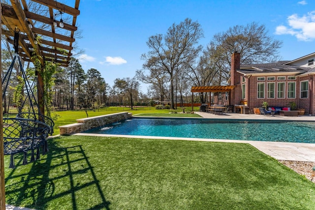 outdoor pool with a patio area, a lawn, and a pergola