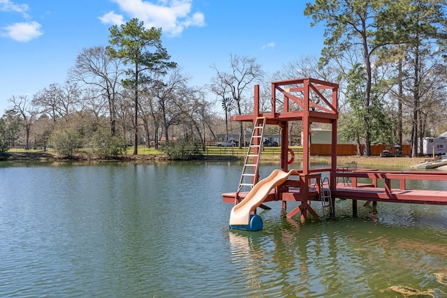 community jungle gym with a water view