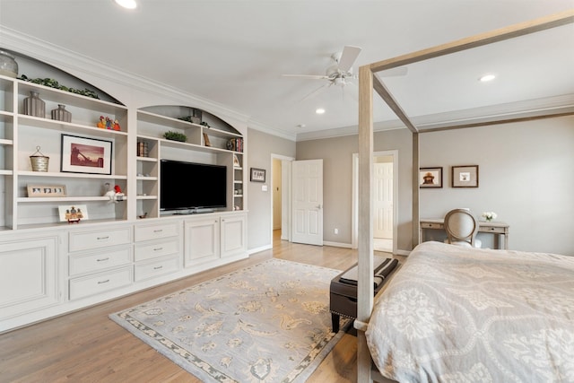 bedroom with crown molding, baseboards, recessed lighting, light wood-style floors, and a ceiling fan