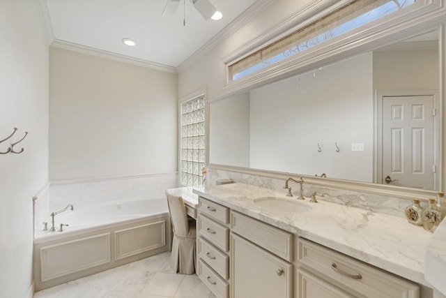 full bathroom featuring a garden tub, ceiling fan, vanity, and crown molding