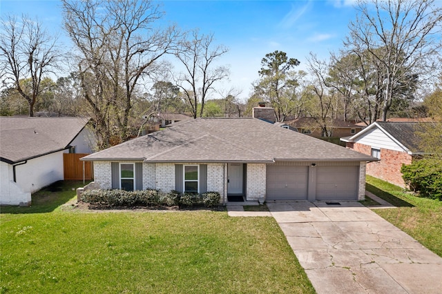 single story home with brick siding, a front lawn, roof with shingles, driveway, and an attached garage