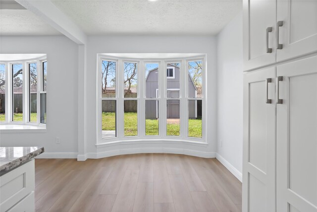 unfurnished dining area with baseboards, a textured ceiling, and light wood finished floors