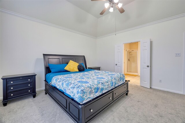 bedroom featuring vaulted ceiling, a ceiling fan, baseboards, and light carpet